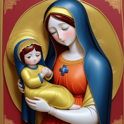 AI generated: paper quilling of Virgin Mary with baby Jesus very colorful
