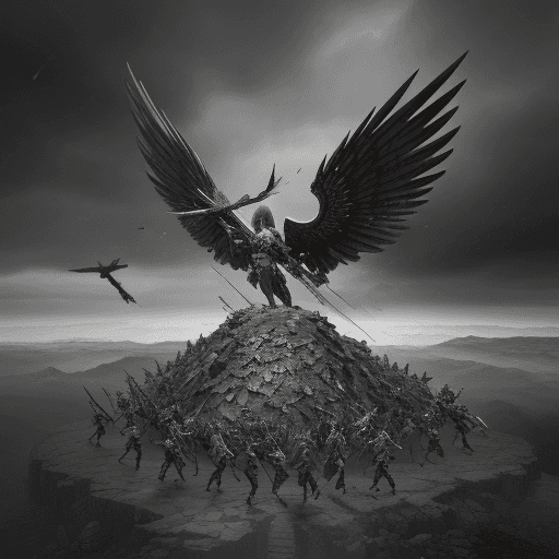 AI generated: an army of little valkyries will stand together against giant colorful skyfall crumbles , epic , 8k ...
