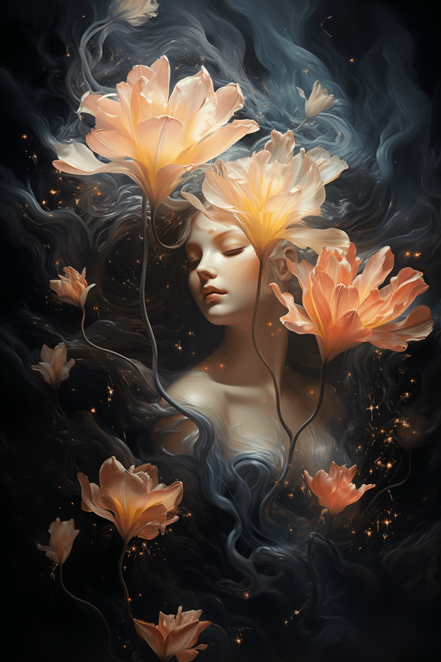 AI generated: soft woman with tulips opening in her hair, galaxy smoke fractals, elegant botany, dynamic movement,...