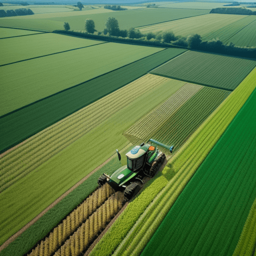 AI generated: Aerial view of hollands cultivated fields with realistic tractors at work, photographed with a DJI M...