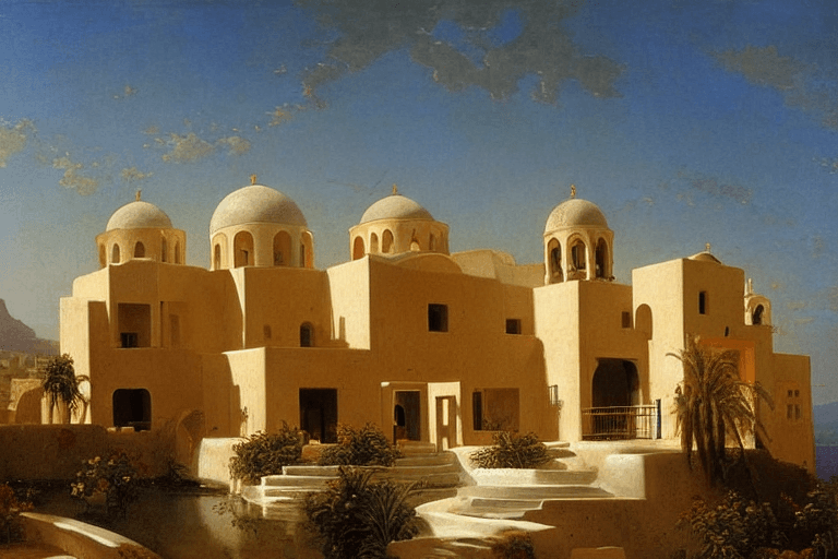AI generated: Persian residential building, Spanish Moroccan architecture style mix to Santorini style, by Jean Le...