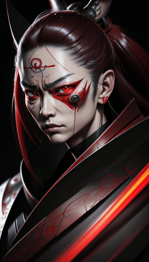 AI generated: red samurai with one big eye and big ears, crazy colors, portrait, centered, detailed character, ext...