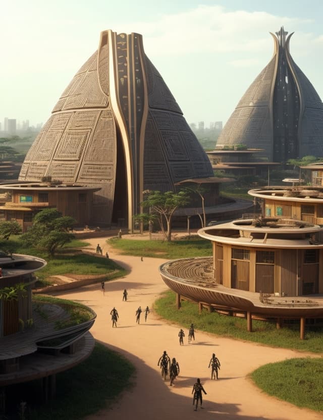 AI generated: a beautiful african futuristic urban city based on the architecture of a bamiléké tribe in cameroon