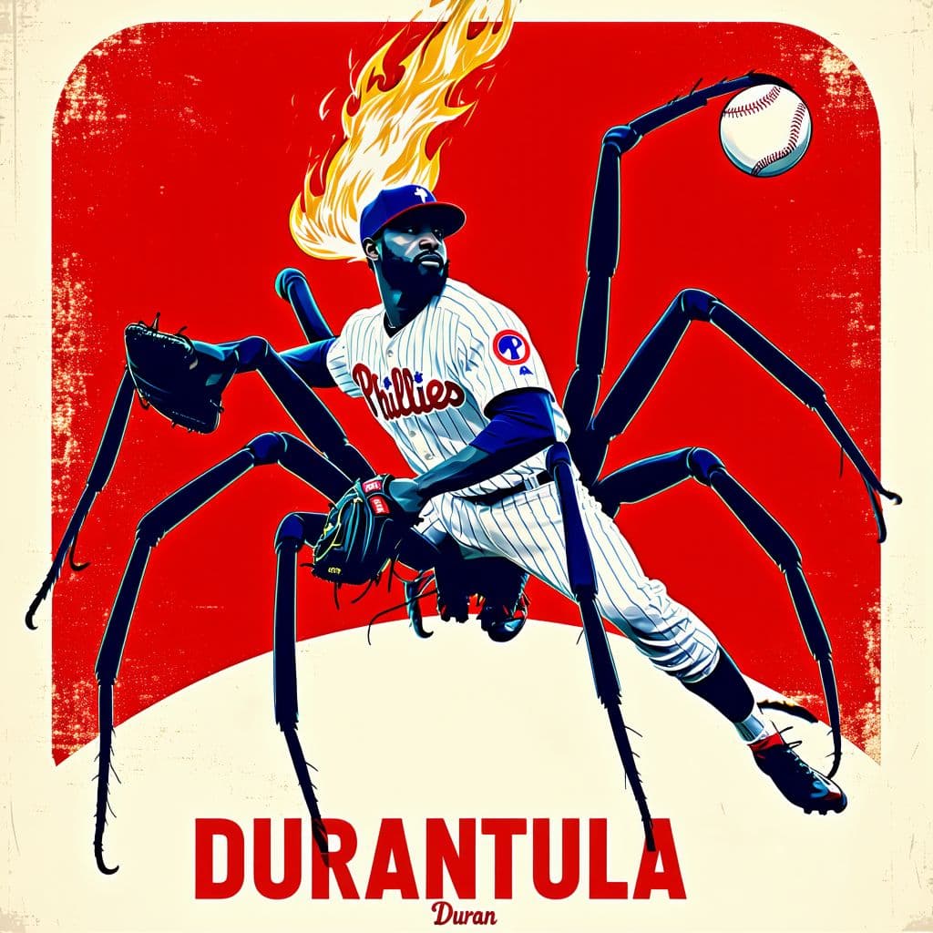 AI generated: Vintage baseball logo illustration of Jhoan Durán, Phillies pitcher, as "Durantula." 
One centered ...