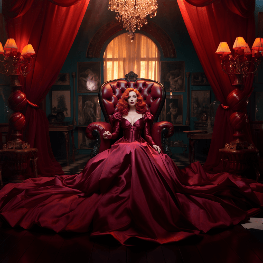 AI generated: powerful woman, Christina Hendricks, Huge lips, Barbie hair, princess, latex dress, jessica rabbit v...