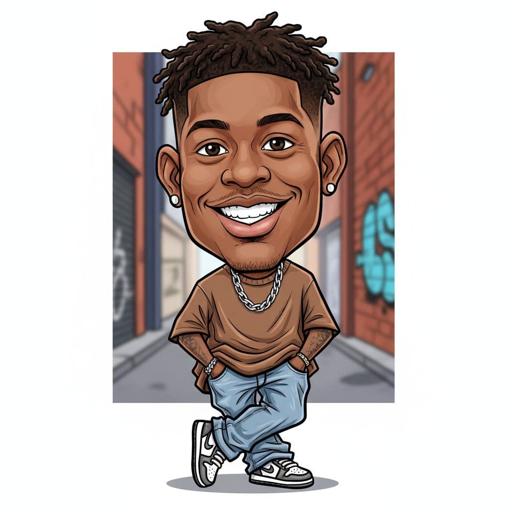 AI generated: funny caricature, relaxed fashion guy caricature, young african male, 22 years old, oversized brown ...