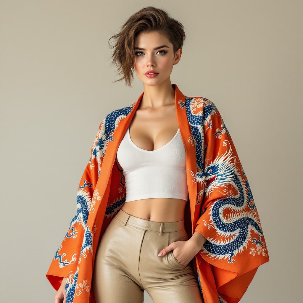 AI generated: a woman with a brown hair and a side cut wearing beige slim leather pants,  a white top and an orang...