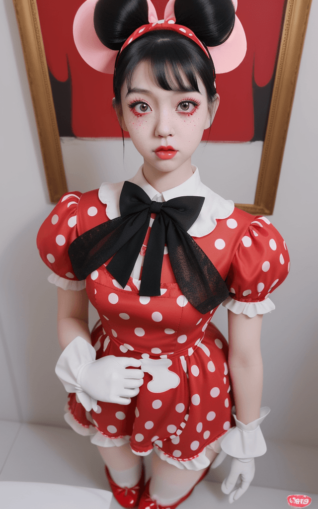 AI generated: Minnie mouse imagined as human girl, a beautiful girl, red frock with white polka dots, black hair, ...