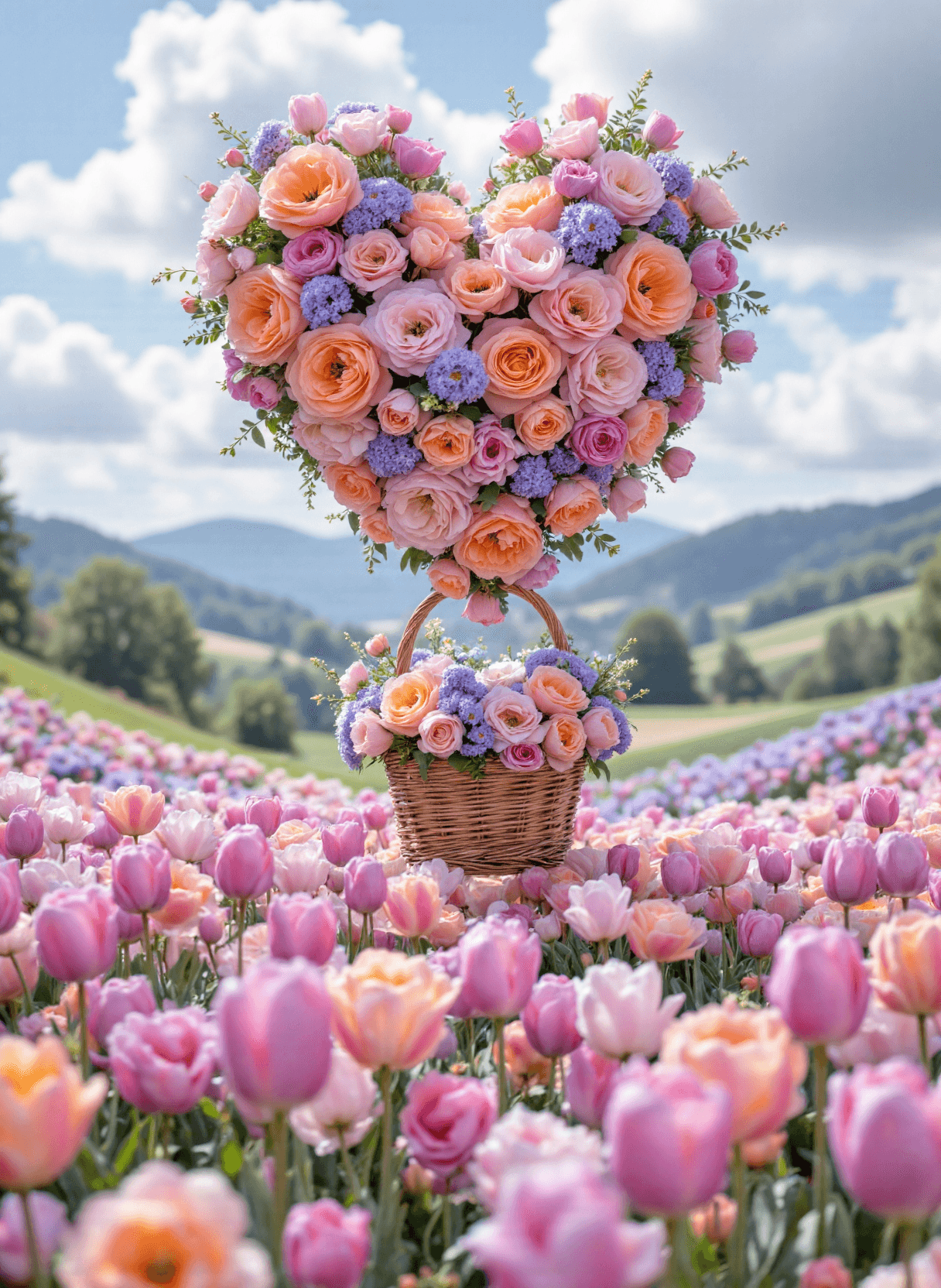 AI generated: The image depicts a whimsical scene where a heart-shaped arrangement of vibrant flowers is floating ...