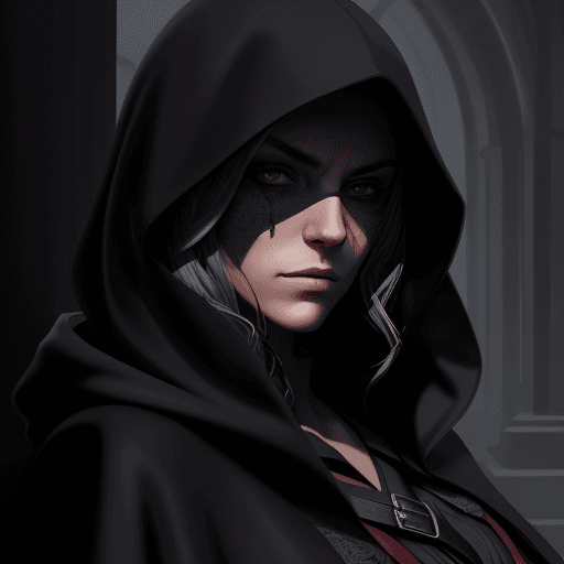 AI generated: Digital portrait, beautiful assassin, dark hooded cloak, hiding in the shadows, cold highlights and ...