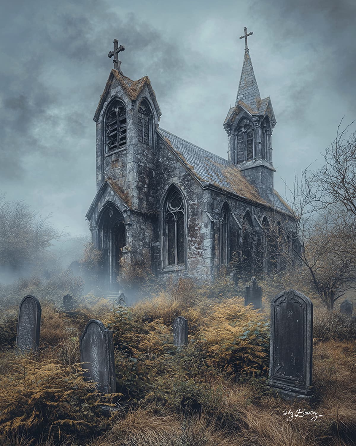 AI generated: Scotland, decaying churchyard, Ireland, broken tombstones and bushes, romantic gothic style, 32k uhd...