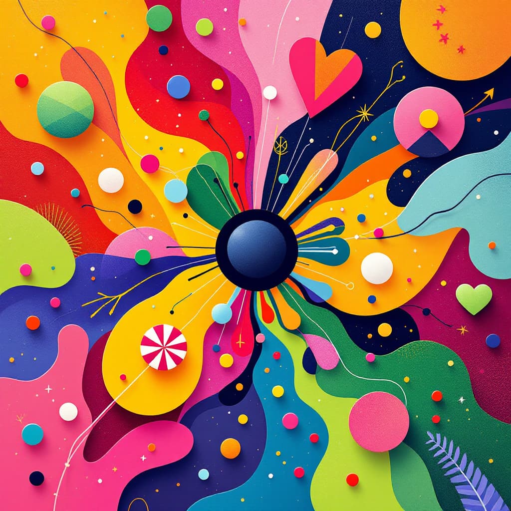 AI generated: Vibrant, colorful design elements fill the image, radiating outward from the small circle center. Ab...