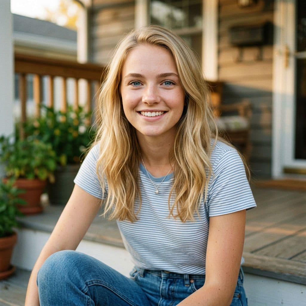 AI generated: all american girl next door blue eyes hair down light blonde hair tone not muscular matcing blonde e...