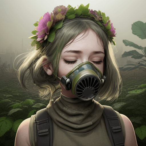 AI generated: Woman with flower crown on her head and gas mask on her face, plant growing out of her mouth, plant ...