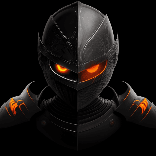AI generated: knight in a black room woth glowing orange eyes all arownd him.