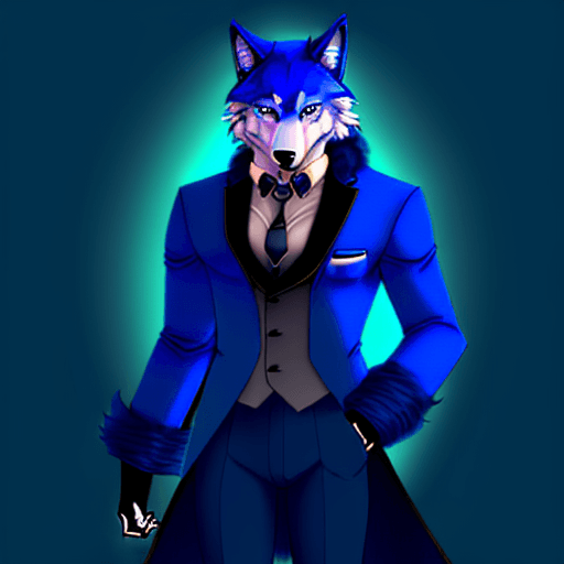 AI generated: furry, fursona, anthro, blue fur, wolf male, anthropomorphic, suit, anime