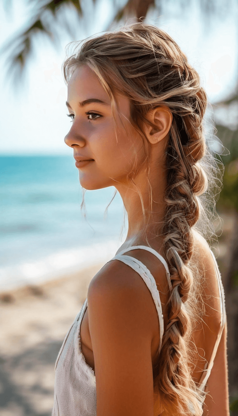 AI generated: An image of a young woman in a tropical beach setting. She has light blonde hair in a loose, texture...