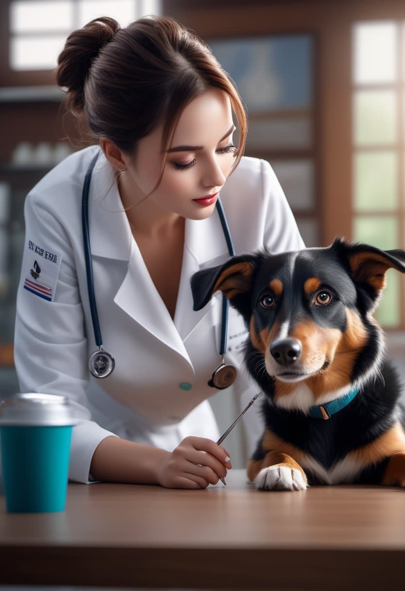 AI generated: hyper realistic to a (beautiful vet girl in her vet outfit:1.3), (attending to a dog on a table:1.2)...