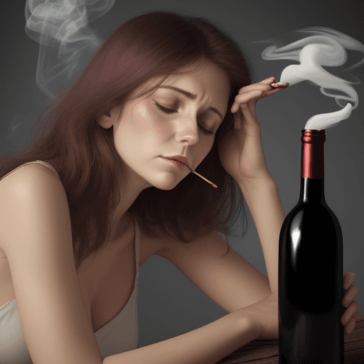 AI generated: beatiful and very tired woman looking pile smoking a winebottle