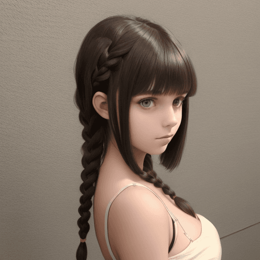 AI generated: young teen with her the leftside of her hair a long braid rightside a bob, she has bangs and has ver...