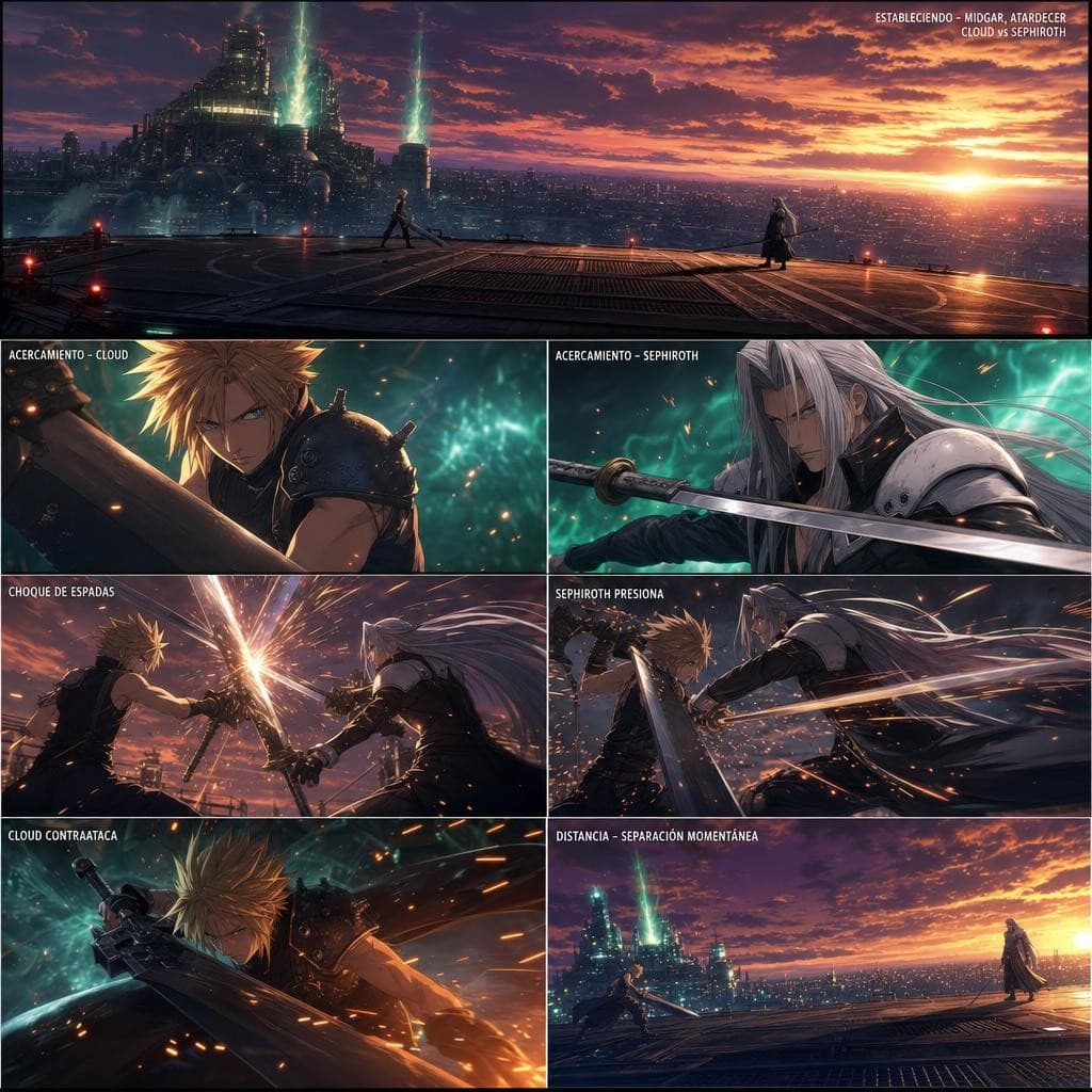 AI generated: Una intensa batalla de espadas entre Cloud Strife y Sephiroth de Final Fantasy VII: Cloud se enfrent...