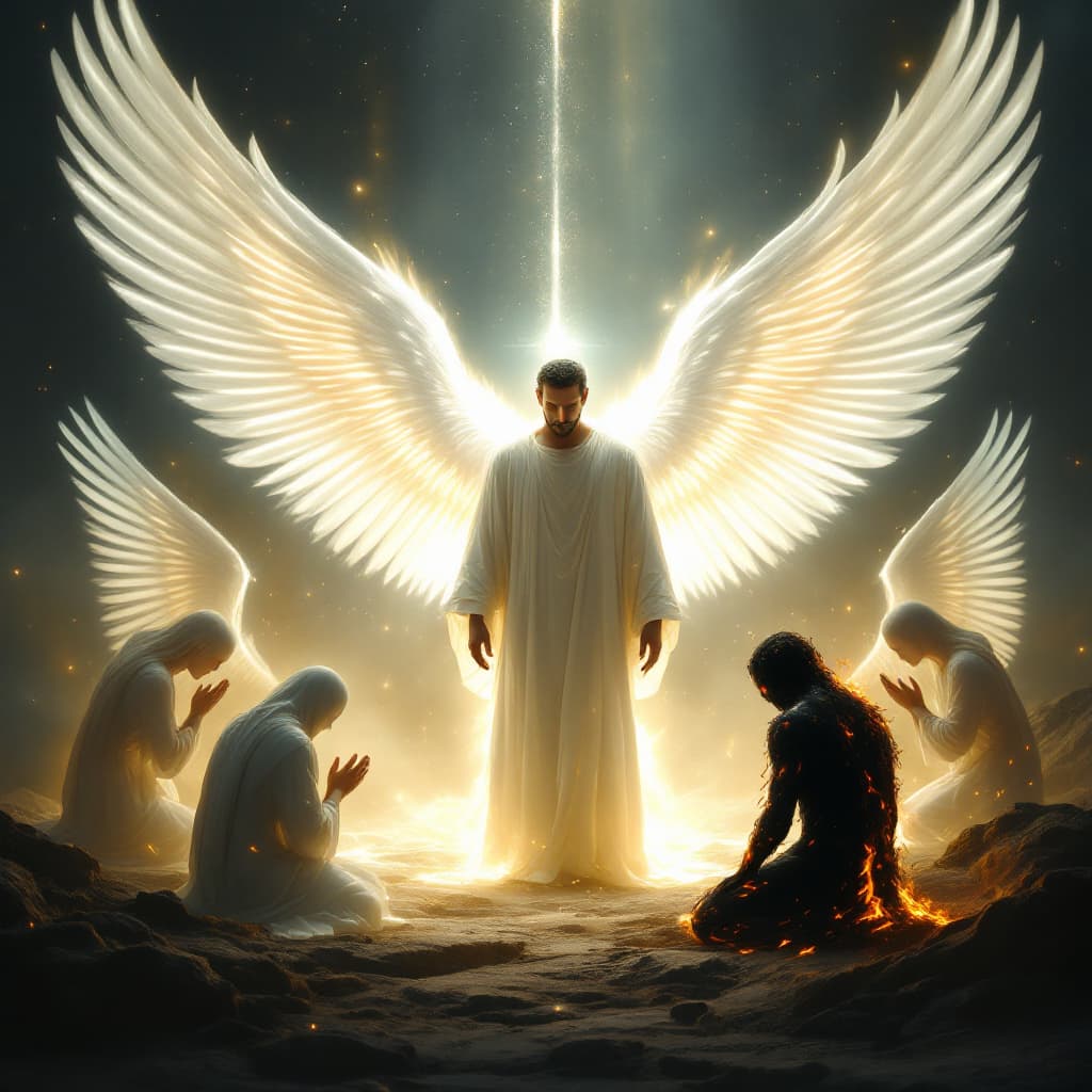 AI generated: A vertical cinematic Islamic-themed scene. Prophet Adam is standing in the center in full human form...