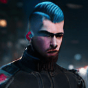 AI generated: beautiful pale cyberpunk male, Rugged, Masculine , (heavy black eyeliner, blue eyes:1.0), shaved sid...