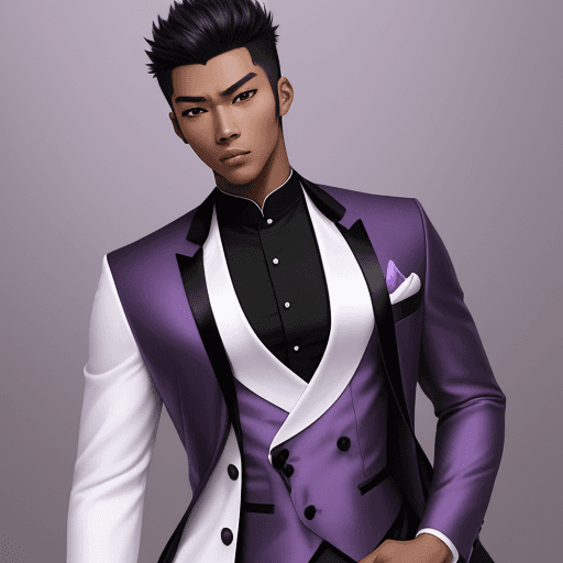AI generated: Handsome Chinese and black anime male in a  a stunning purple and white suite



