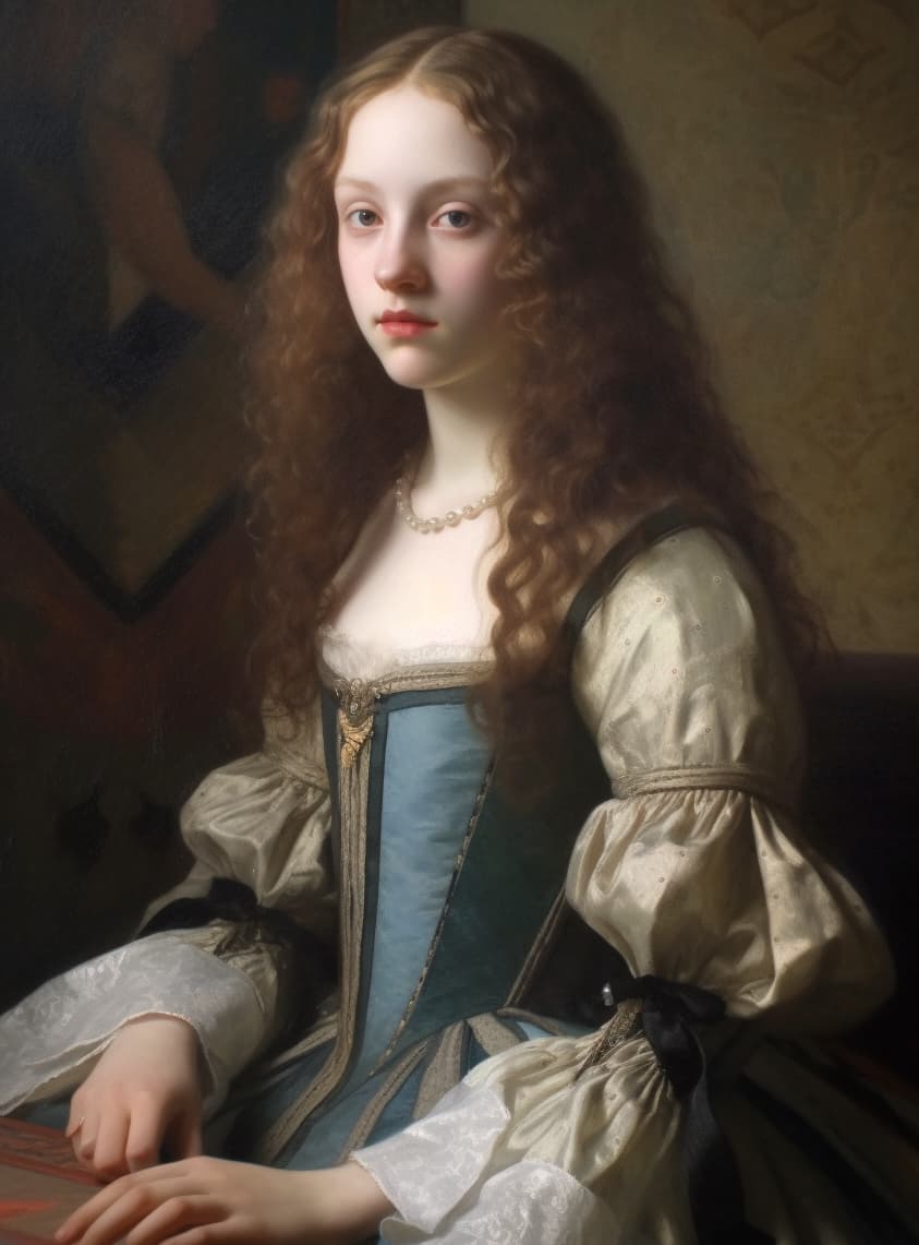 AI generated: Portrait en buste 18 years old girl long hair, fine facial features model in georgian round dress by...