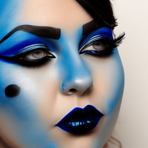 AI generated: A woman in blue body paint wearing black lipstick and heavy eyeliner, headshot