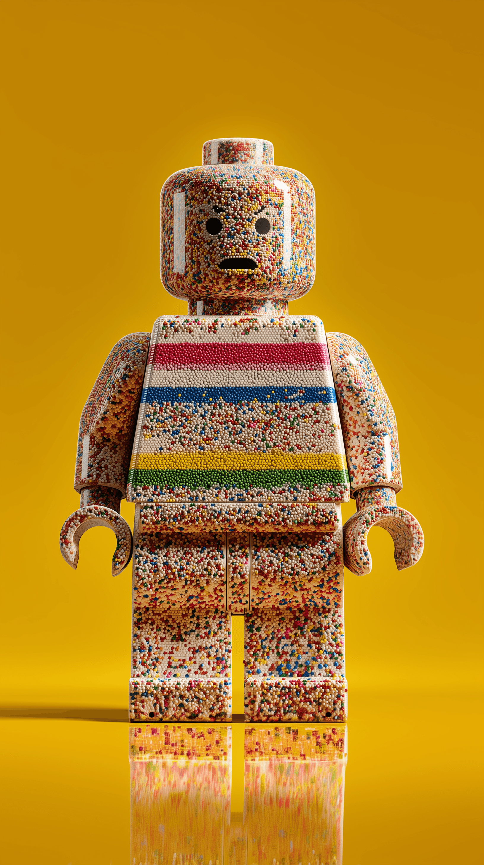 AI generated: highly detailed, Lego human, inspired by recycled plastic chips, showcasing vibrant multicolor speck...