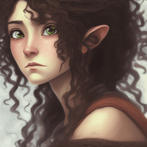 AI generated: A fantasy Anime style painting portrait of female hobbit art character with curly brown messy hair, ...