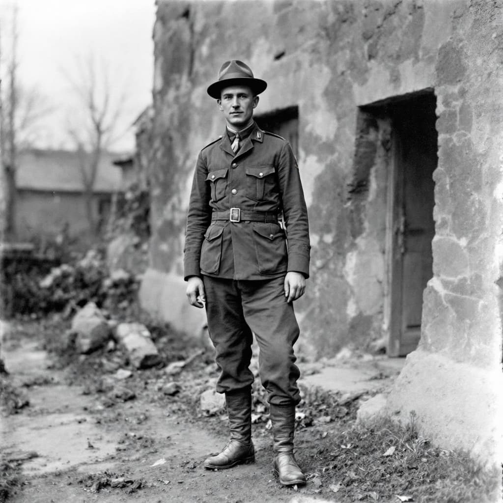 AI generated: A solider standing in Warfield in 1919