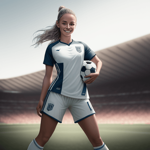 AI generated: professional sports athletic woman dressed as soccer player, soccer ball, smiling, football pitch in...