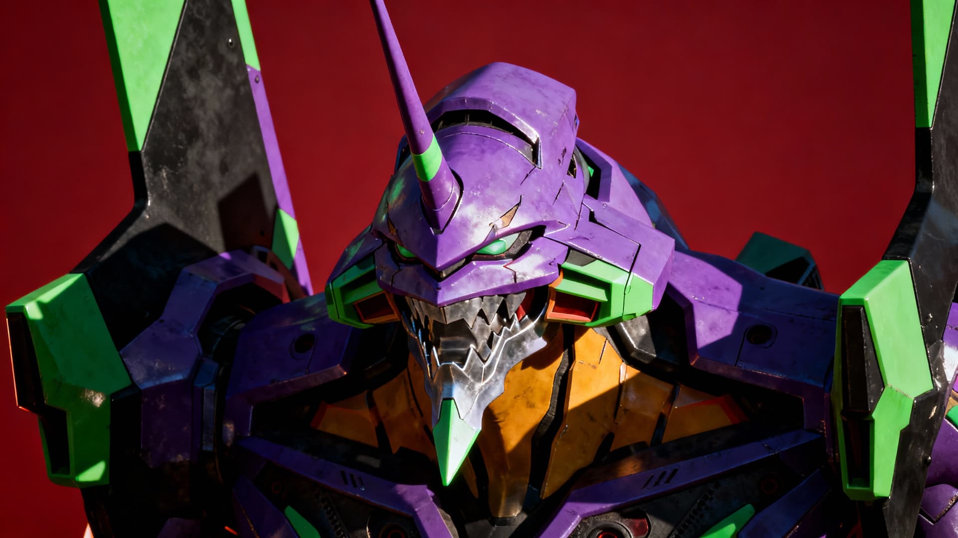 AI generated: An imposing, close-up shot of a towering Evangelion Unit-01 head, rendered in vibrant, hard-surface ...