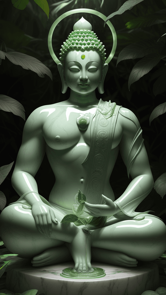 AI generated: buddha in a halo of green leaves, [(old white marble:1.1): old jade], deity, wisdom, life, epic, ful...