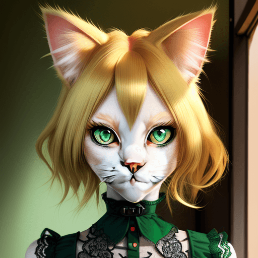 AI generated: anthropomorphic cat-girl, big  green eyes, full shot, Lacey red , blonde hair, 