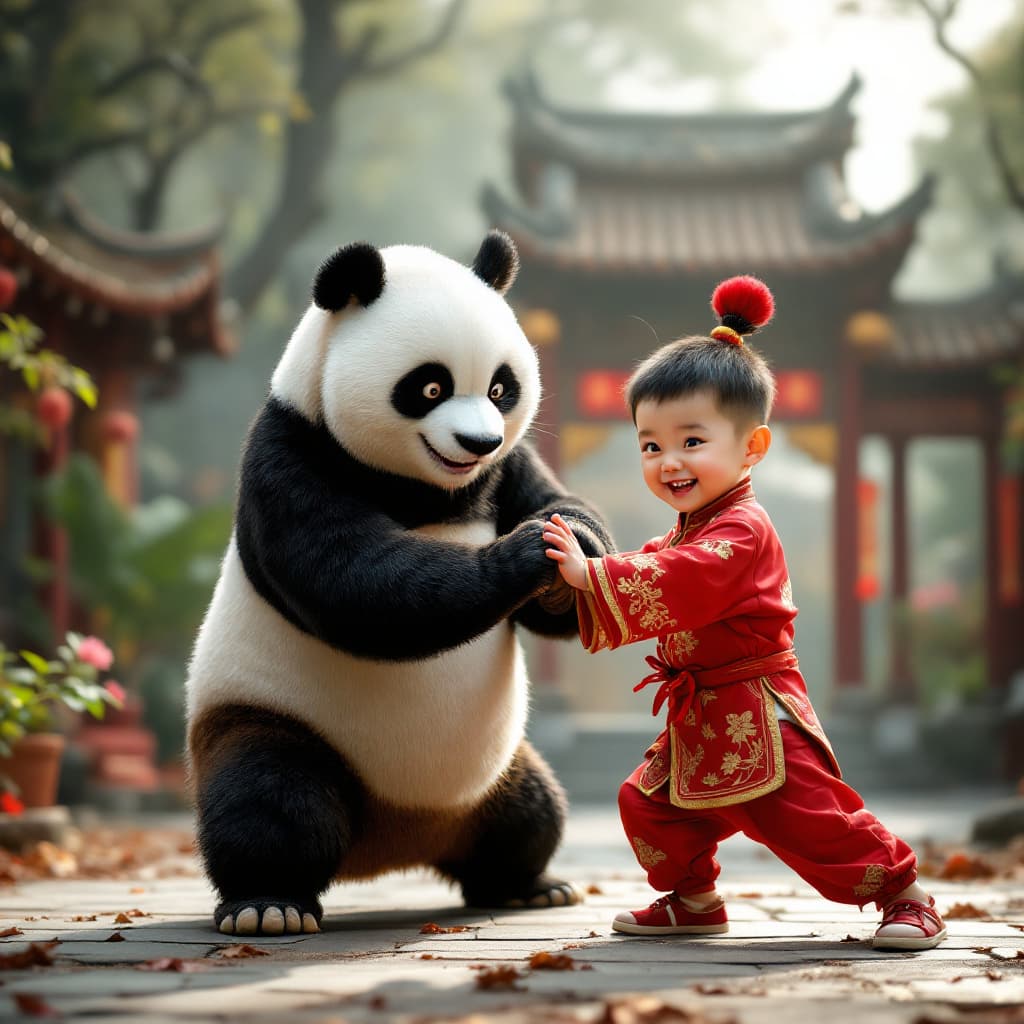 AI generated: A cute Chinese little boy wearing traditional Chinese and the giant panda from Kung Fu Panda in real...