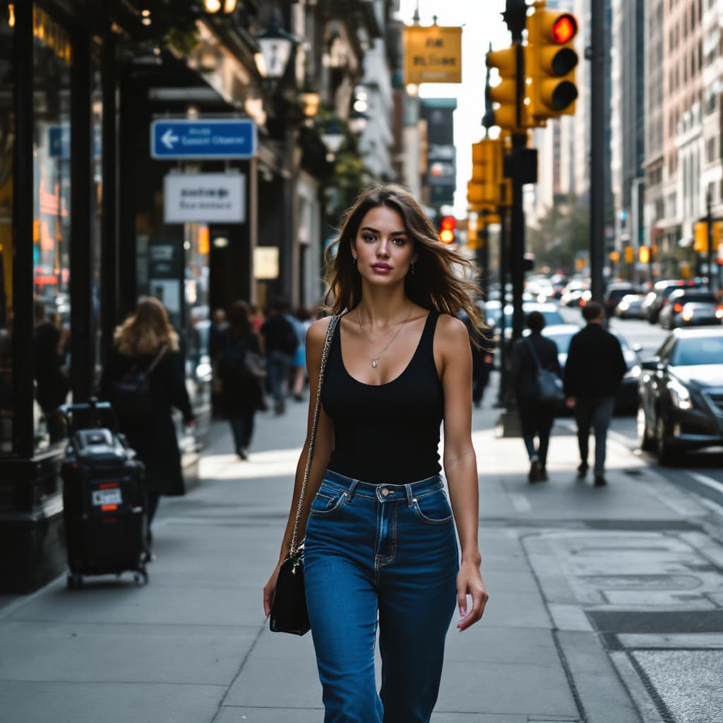 AI generated: 12K, HRD, film grain, 100 ASA, The image features a woman walking down a city street, wearing a blac...