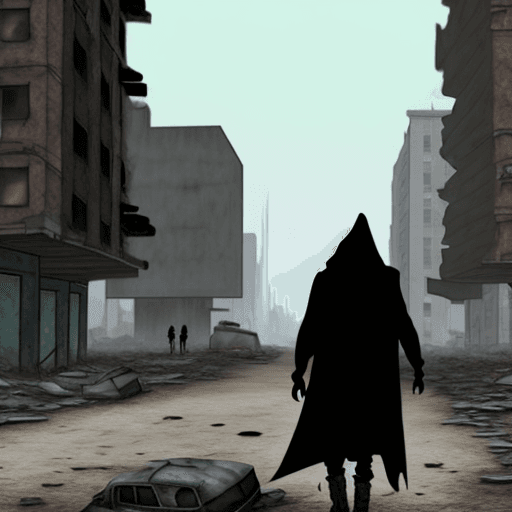 AI generated: Ruined post-apocalyptic city. Hooded person from the back.