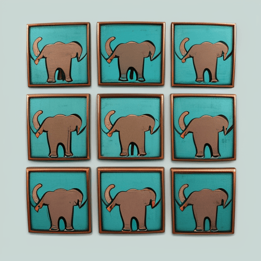 AI generated: Rectangular painting depicting seven elephants with trunks raised upwards in delicate turquoise colo...