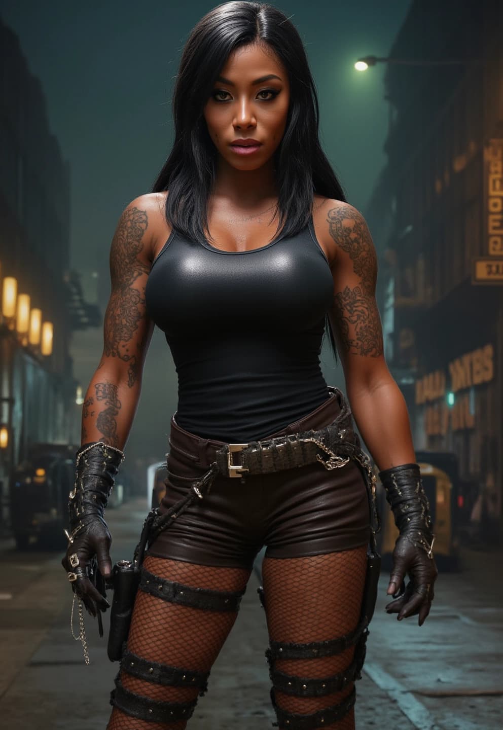 AI generated: Create a dynamic RPG scene inspired by Final Fantasy VII, featuring Tifa Lockhart in a bustling Midg...