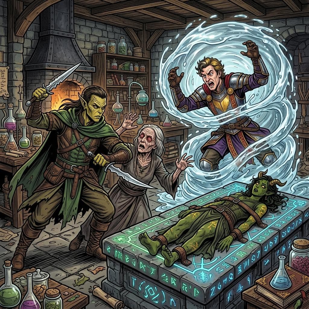 AI generated: a male githzerai ranger attacking with two daggers a blind old woman with no eyes while a noble knig...