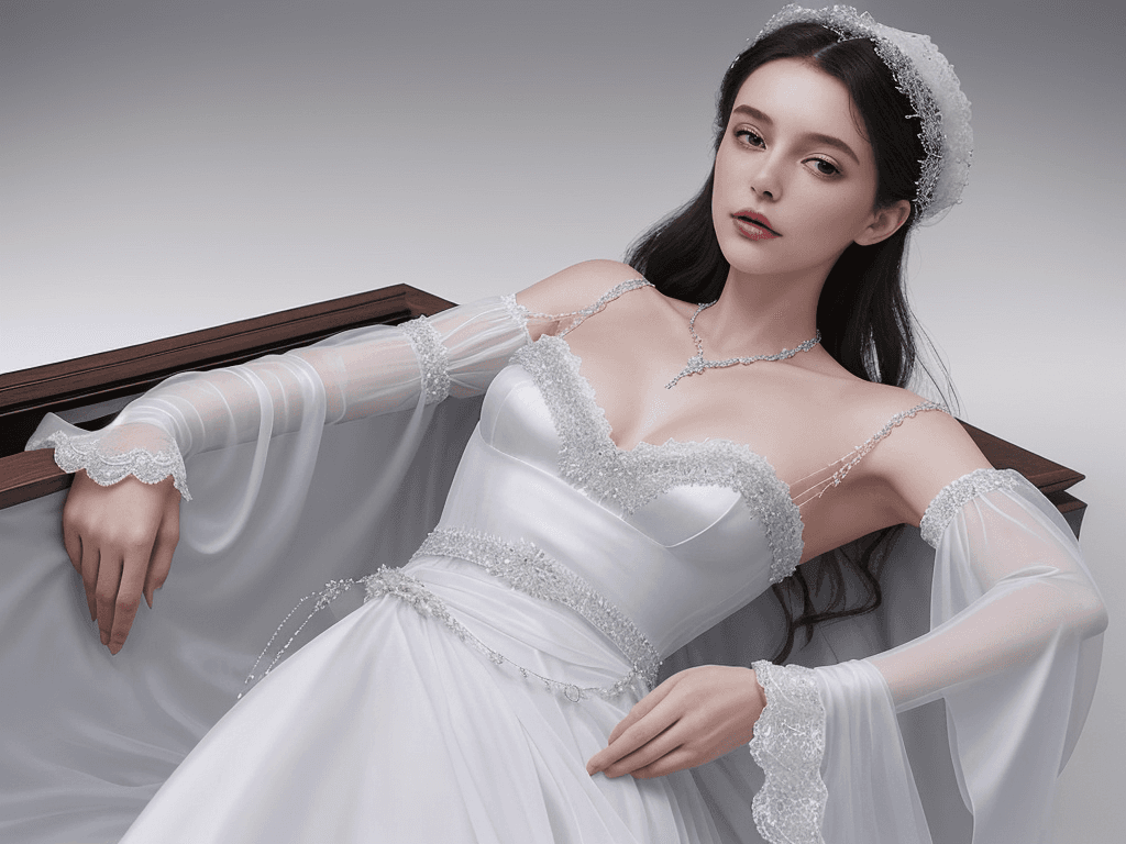 AI generated: The woman in the coffin is dressed in a flowing white gown with a high neckline and short, puffed sl...