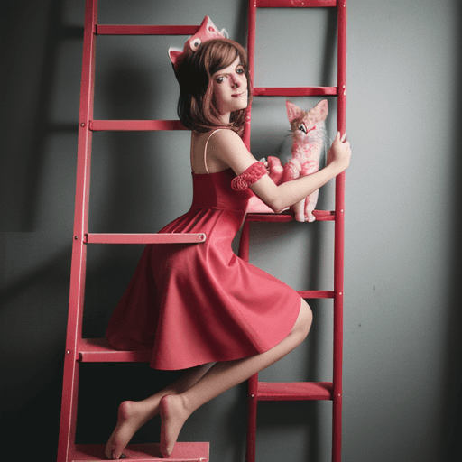 AI generated: a girl in a red dress, climbing a cookie ladder with a pink cat on her head