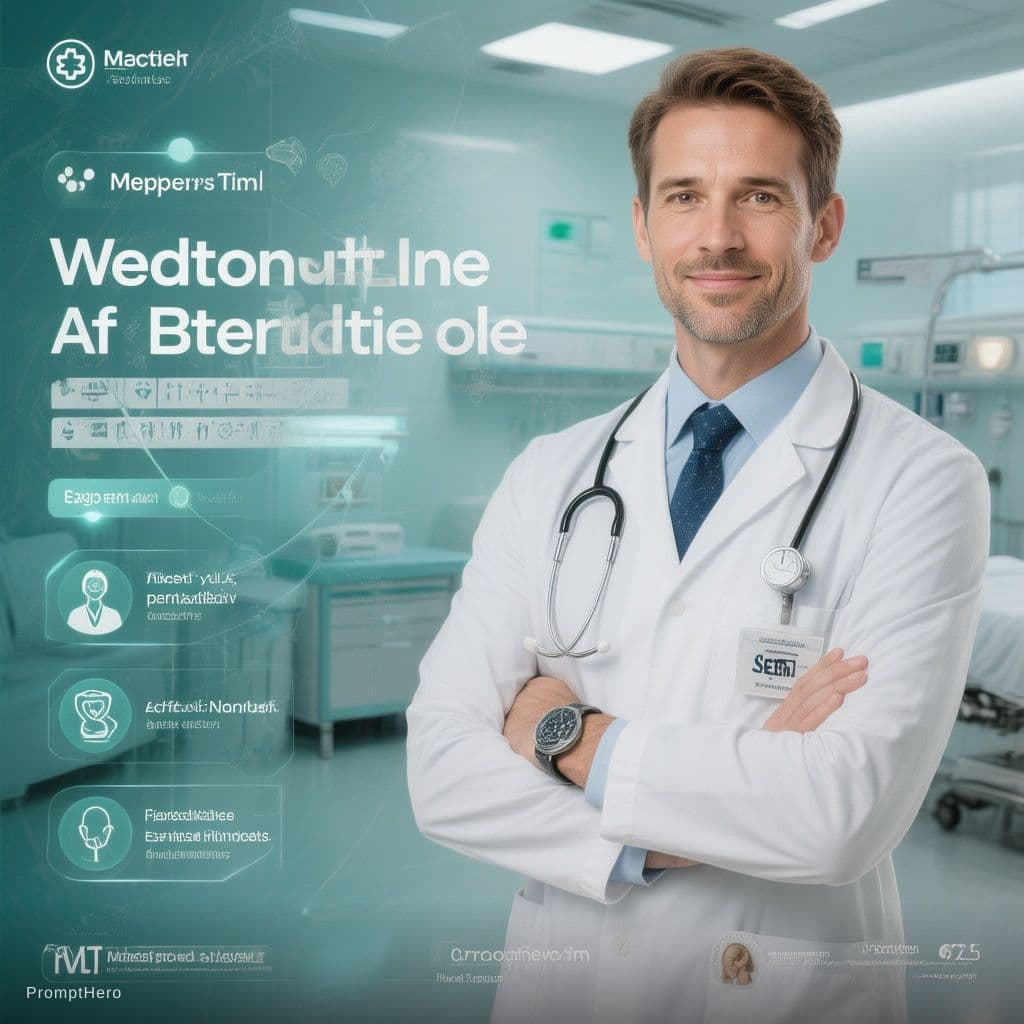 AI generated: Minimal medical advertising poster, clean healthcare design, confident doctor standing with folded a...