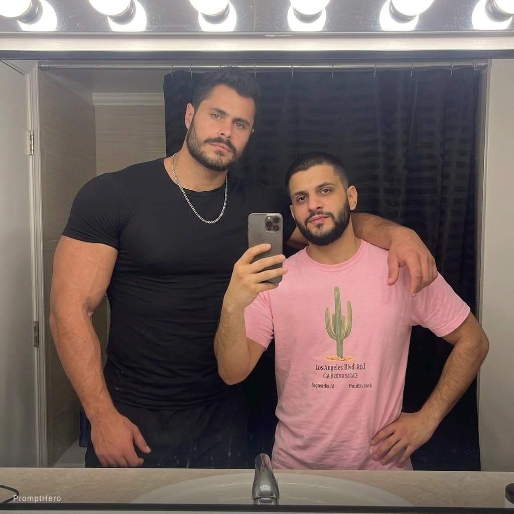 AI generated: Add my friend beside me taller and huger than me and don’t change anything else