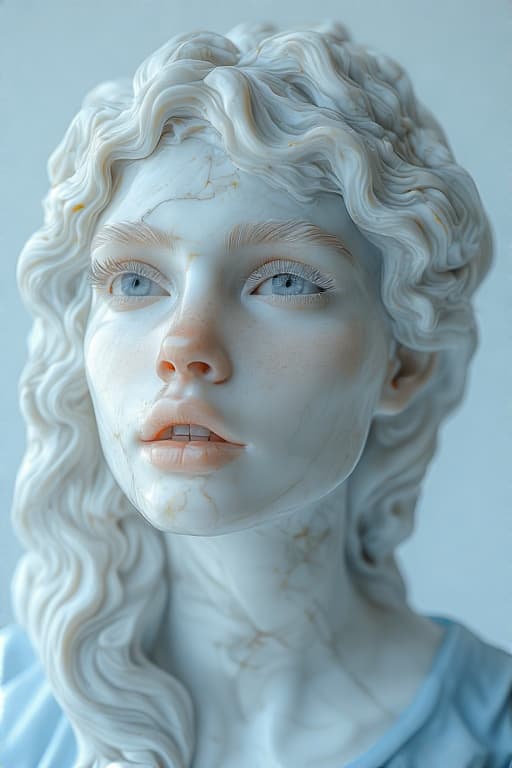 AI generated: A marble sculpture of a young Caucasian woman with long, flowing, wavy. Her striking eyes are framed...
