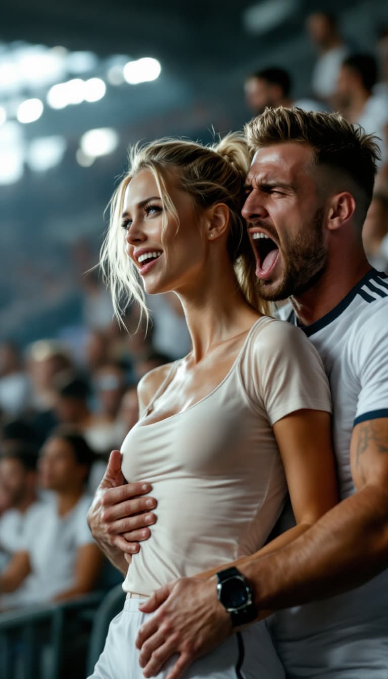 AI generated: woman petite blonde, model, ponytail hair, surrounded by men in a stadium tribune celebrating a goal...