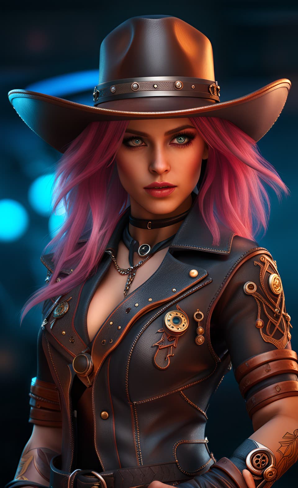 AI generated: An attractive three-quarter body portrait of a Steampunk Cyberpunk Female Ranger, long messy colored...